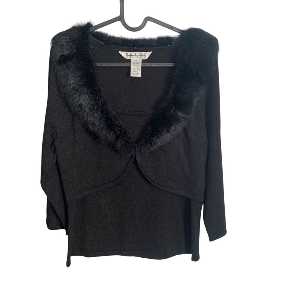 John Paul Richard Womens Black 3/4 Sleeve Top Rabbit Fur Collar M Holiday Party